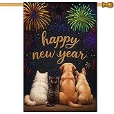 HOMETITUTE Happy New Year House Flag 28x40 Inch Dogs and Cat Watching Fireworks Garden Flag Winter Holiday Outdoor Yard Decoration Festive Pet Theme Banner for Home Porch Lawn