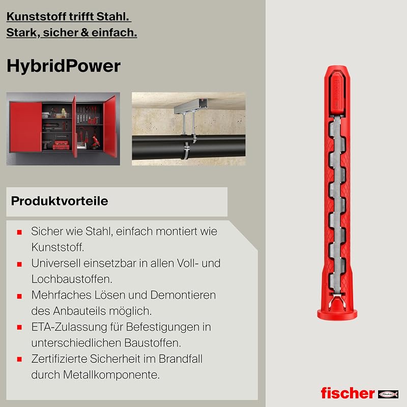 HybridPower 10 x 90 T, Dübel für Höchste Tragfähigkeit und Sicherheit, Einfache Montage ohne Setzwerkzeug, Universell für Loch- und Vollbaustoffe, Mauerwerk, Beton, Sicher auch im Brandfall