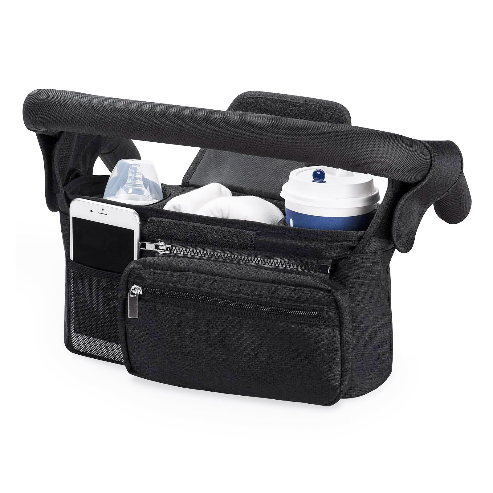 Baby Pushchair Organiser, Pram Bag Stroller Organizer with Detachable Zippered Pocket & Adjustable Shoulder Strap, Pram Buggy Storage Bag with 3 Insulated Cup Holder, Universal Fit All Buggy Models