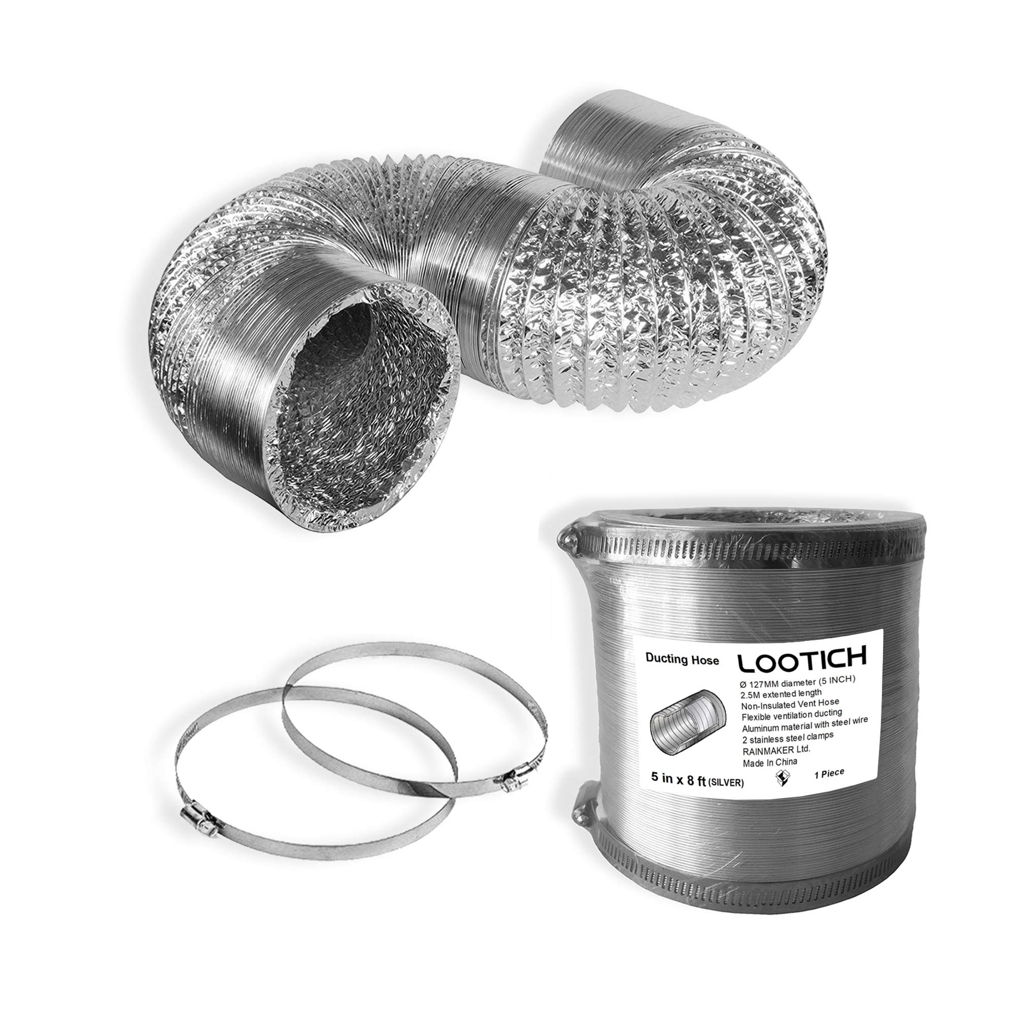 LOOTICH Sturdy 5 Inch 8 Feet Non-Insulated Flex Air Aluminum Ducting Vent Hose for HVAC Ventilation 2 Stainless Steel Clamps Included