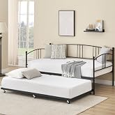 IDEALHOUSE Twin Daybed with Trundle, Metal Twin Size Daybed with Pullout Trundle 6 Casters, Steel Slat Support Sofa Bed for Living Room, Bedroom, Guest Room (Black)