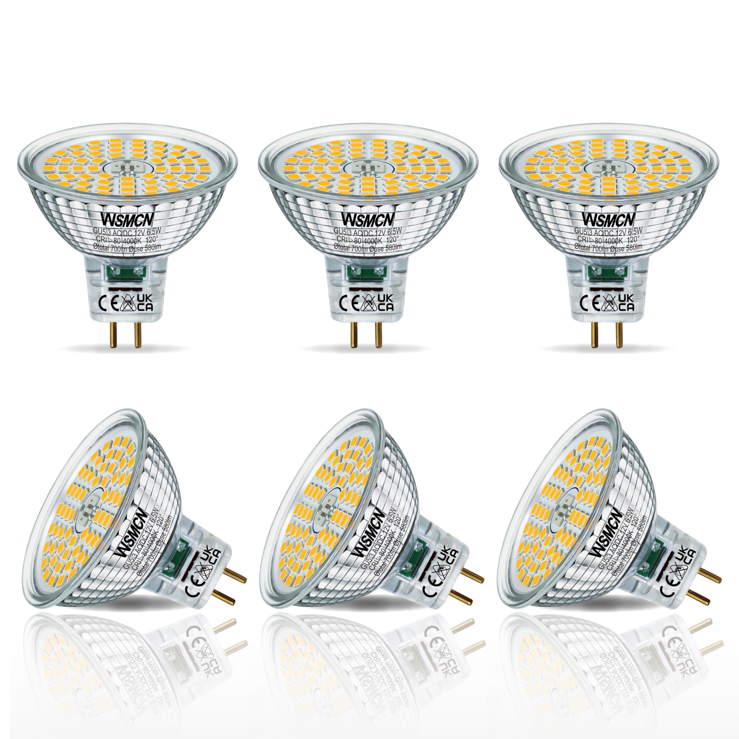 WSMCN MR16 GU5.3 LED Light Bulbs, Neutral White 4000K, 6.5W LED 60W Halogen Equivalent, Bi-Pin Base 12V 700LM, Non Dimmable, 120° Beam Angle, Flicker-Free Spotlight, 6-Pack — image 1