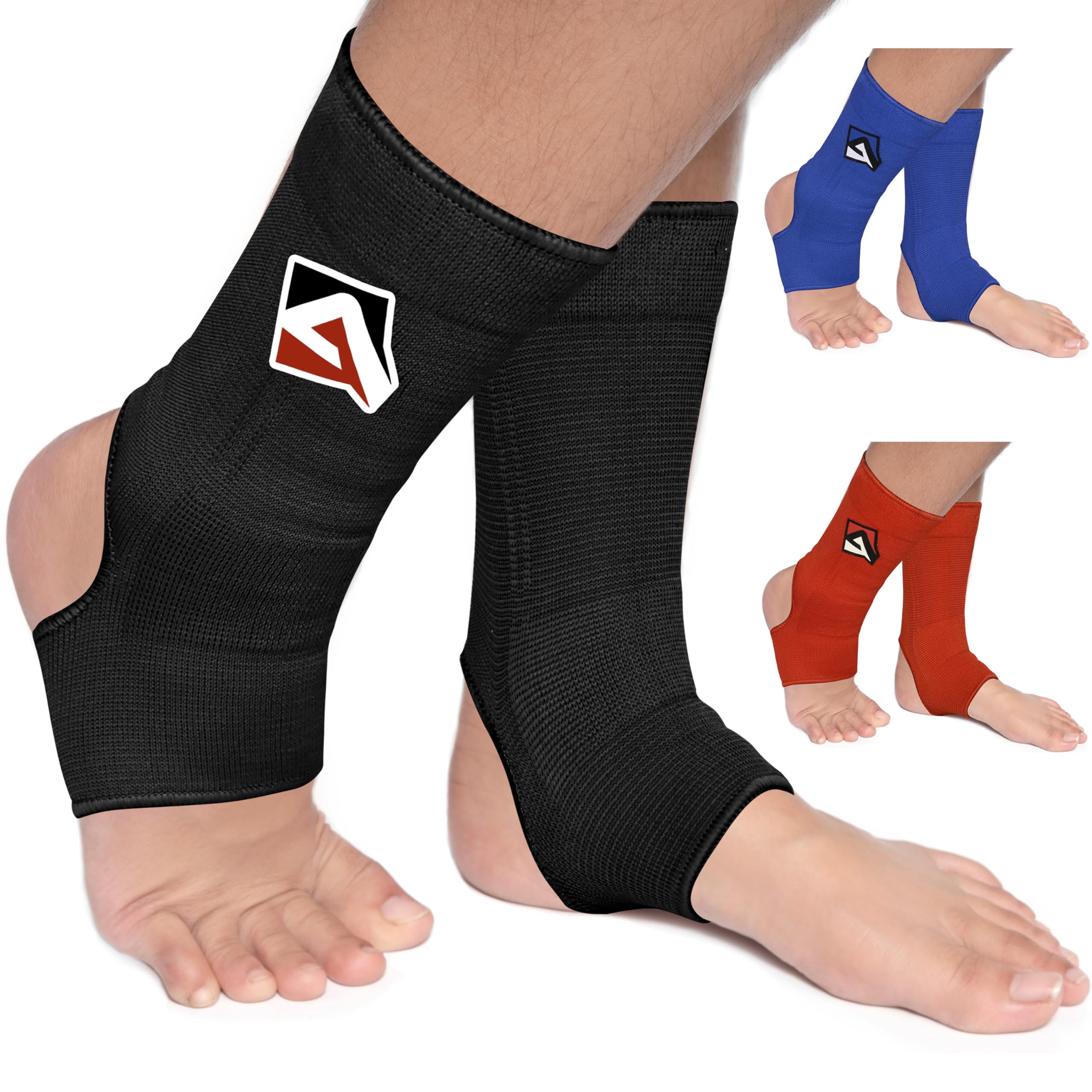 AQF MMA Ankle Support Muay Thai Foot Brace Guard Kick Boxing Sprains Achilles Tendon Pain Relief Protector Elasticated Breathable Compression Sleeve (Black, L)