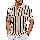 COOFANDY Men's Knit Shirts Short Sleeve Button Down Polo Shirt Striped Casual Summer Beach Shirts