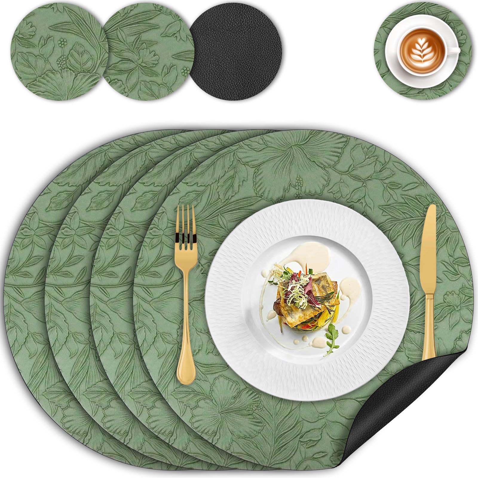 Placemats and Coaster Sets 4, Round Floral Leather Place Mats 34cm, Heat Resistant Non-Slip Washable, Dual-Sided Two-Color Kitchen Coffee Table Mats for Home Dining Table Restaurant Hotel(Green Black) — image 1