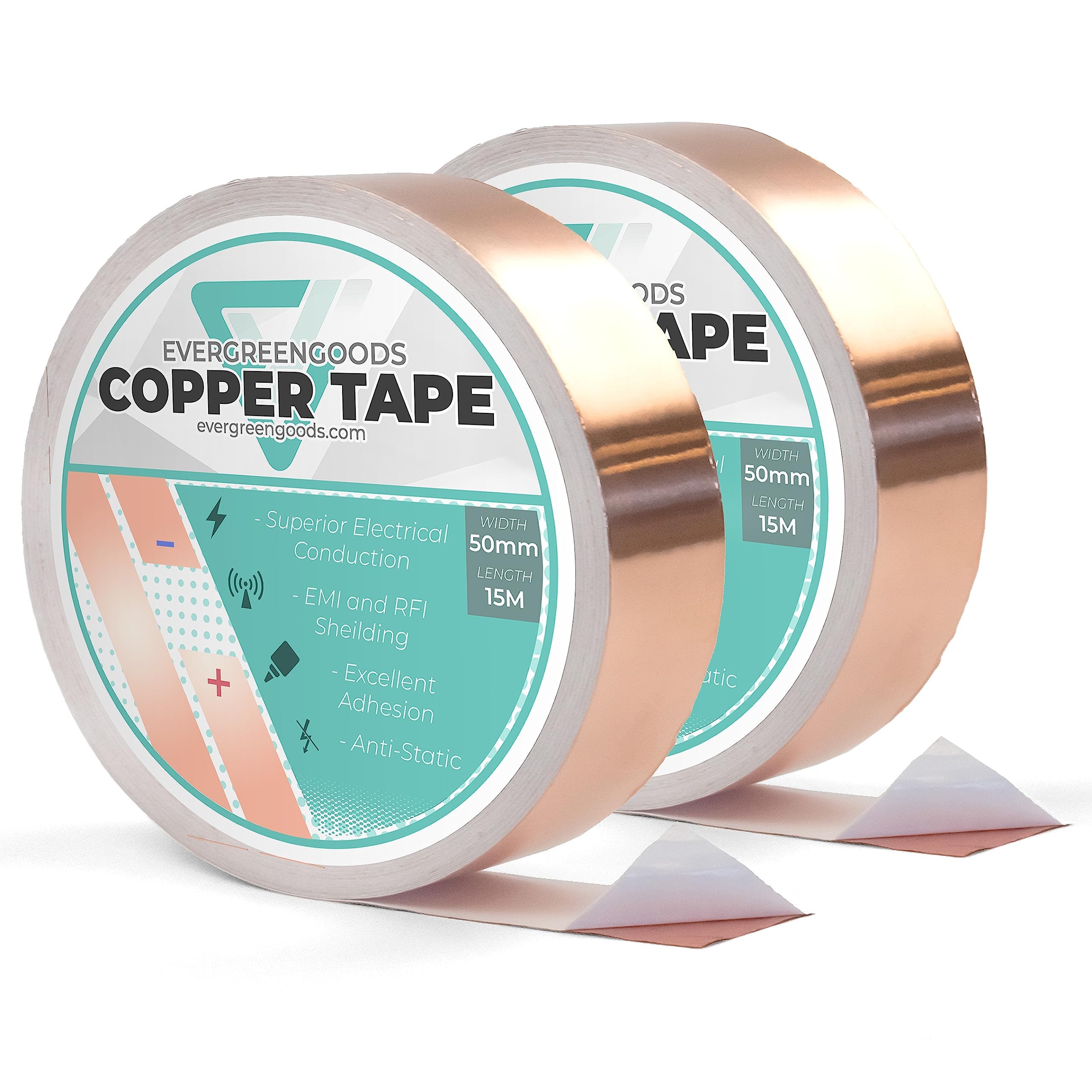Copper Tape (50mm x 15M) 5 Sizes - Copper Foil Conductive Tape for Circuits, Guitar EMI Shielding, Solder, Electrical Repairs, Grounding | Stained Glass Metal Crafts Jewellery - 2 Rolls
