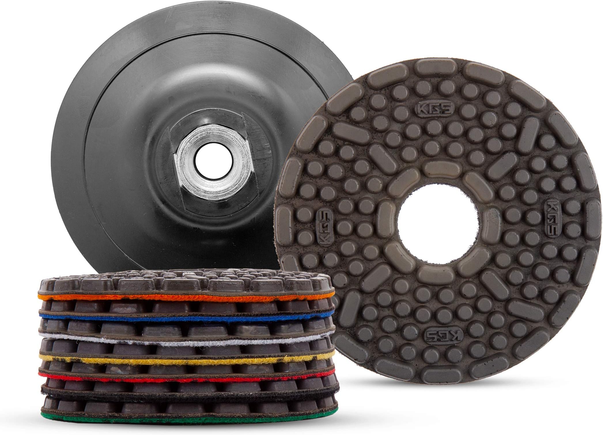 KGS Speedline Pronto Diamond polishing Pads 4''/100 mm – Set of 7 Discs Plus one Adapter for Wet Grinding and polishing of Natural Stone.