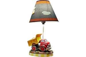 Fantasy Fields Kids Small Table Lamp, Truck Lamp, Car Lamp for Boys Room with Construction Truck Base & Helicopter Printed Shade, Transportation Themed