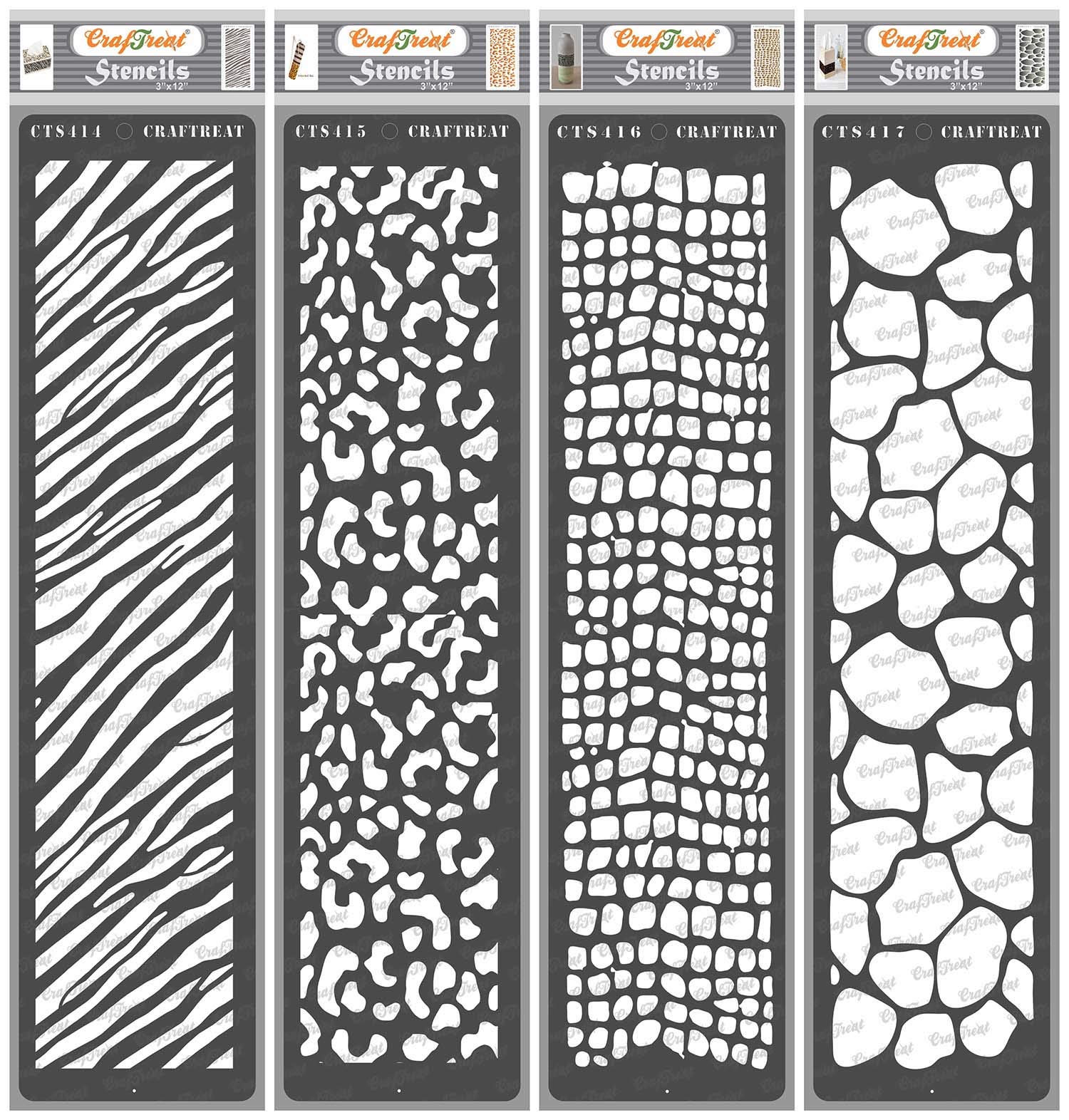 CrafTreat Reusable Animal Skin Stencil for Painting on Wood, Canvas, Paper, Fabric, Floor, Wall and Tile - Zebra, Cheetah, Snake and Giraffe Skin (4 Pcs) - 3x12 Inch - Animal Print Stencils for Cakes