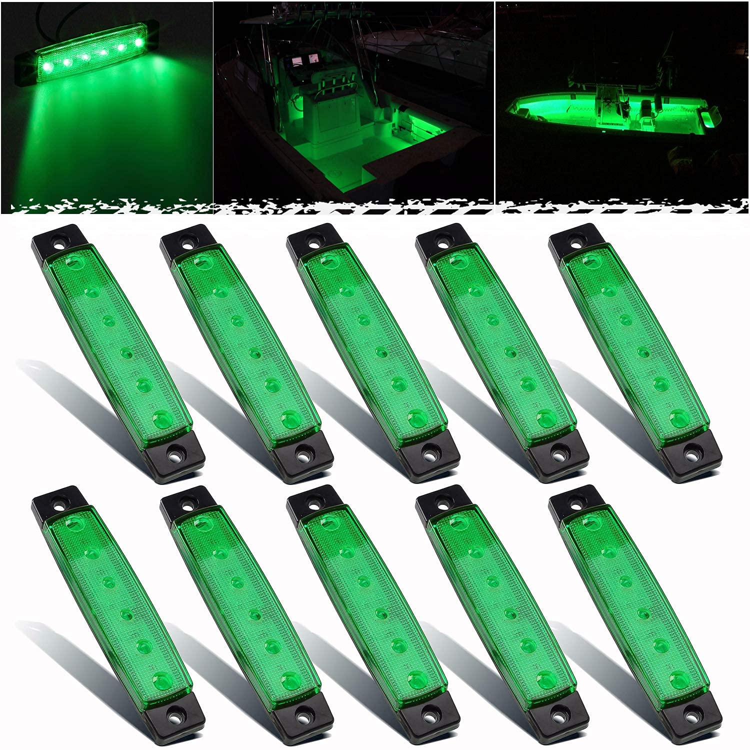 PSEQT LED Boat Interior Lights Marine Courtesy Light Strip Deck Transom Cockpit Navigation Lighting Waterproof for Fishing Pontoon Kayak Yacht Sailboat (Green 10Pcs)