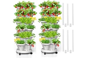 Tectsia 6 Tiered Strawberry Vertical Planters 2 Pack, Stacking Tower Garden with Support Pole, Stackable Herb Vegetable Planter Indoor Outdoor White