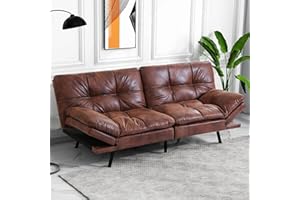 IULULU Futon Sofa Bed Faux Leather Couch with Adjustable Armrests, Modern Industrial Sleeper Daybed for Small Spaces, Living Room, Compact Apartment, Office, House, Condo, Loft, Bungalow, Brown