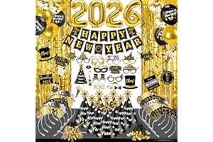 MOVINPE New Year Eve Party Decorations Kit 2026 - Happy New Year Party Supplies, Banner Cone Hats Tiaras Curtain Hanging Swirls Squawkers Blowouts Number Balloons Photo Booth Props Serve 20