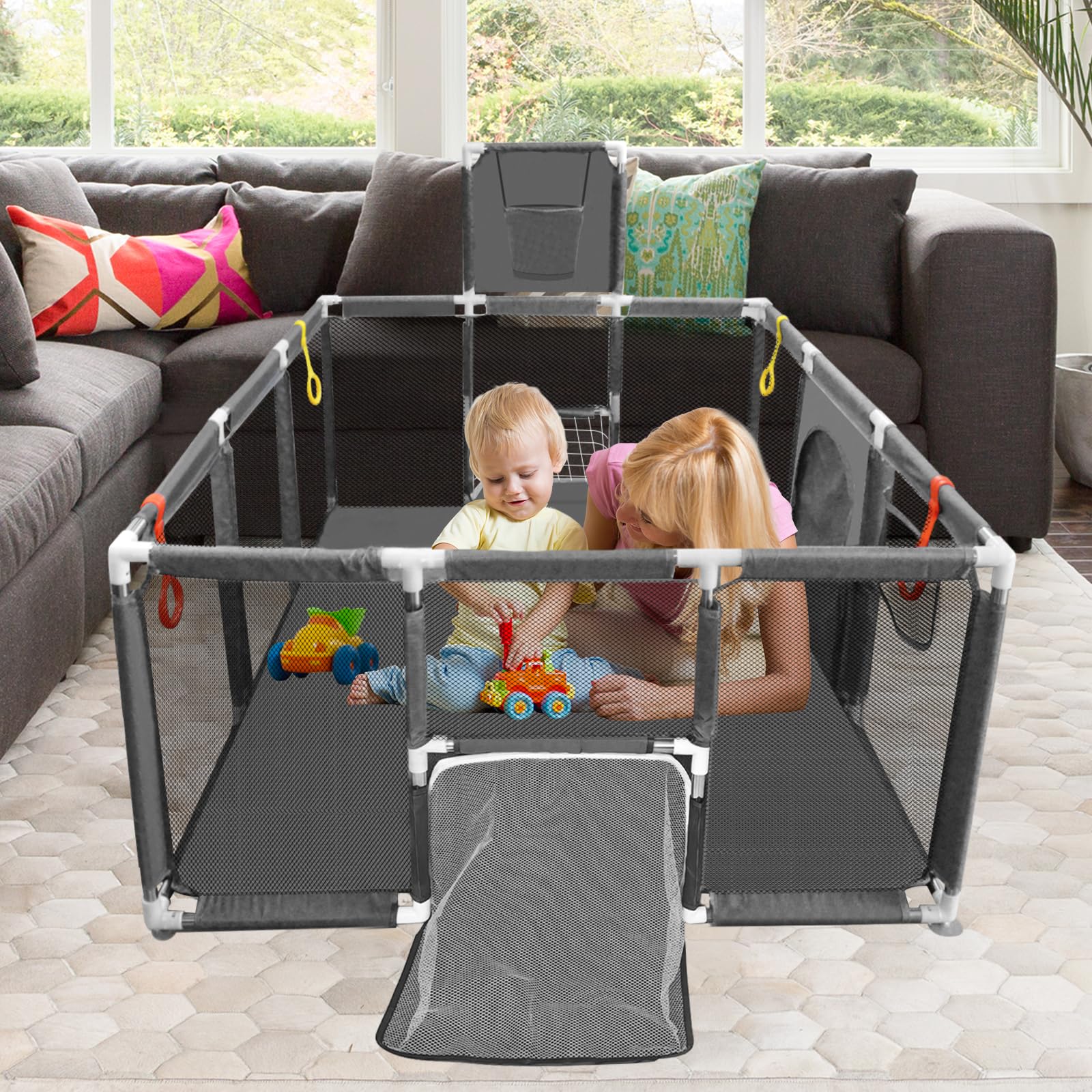 Large Baby Playpen 74''×50'', Ball Pit for Toddlers Babies with Basketball Hoop & Soccer Nets, Kids Activity Fence Play Yard with Anti-Slip Base & Soft Breathable Mesh (No Ocean Balls) (Grey)