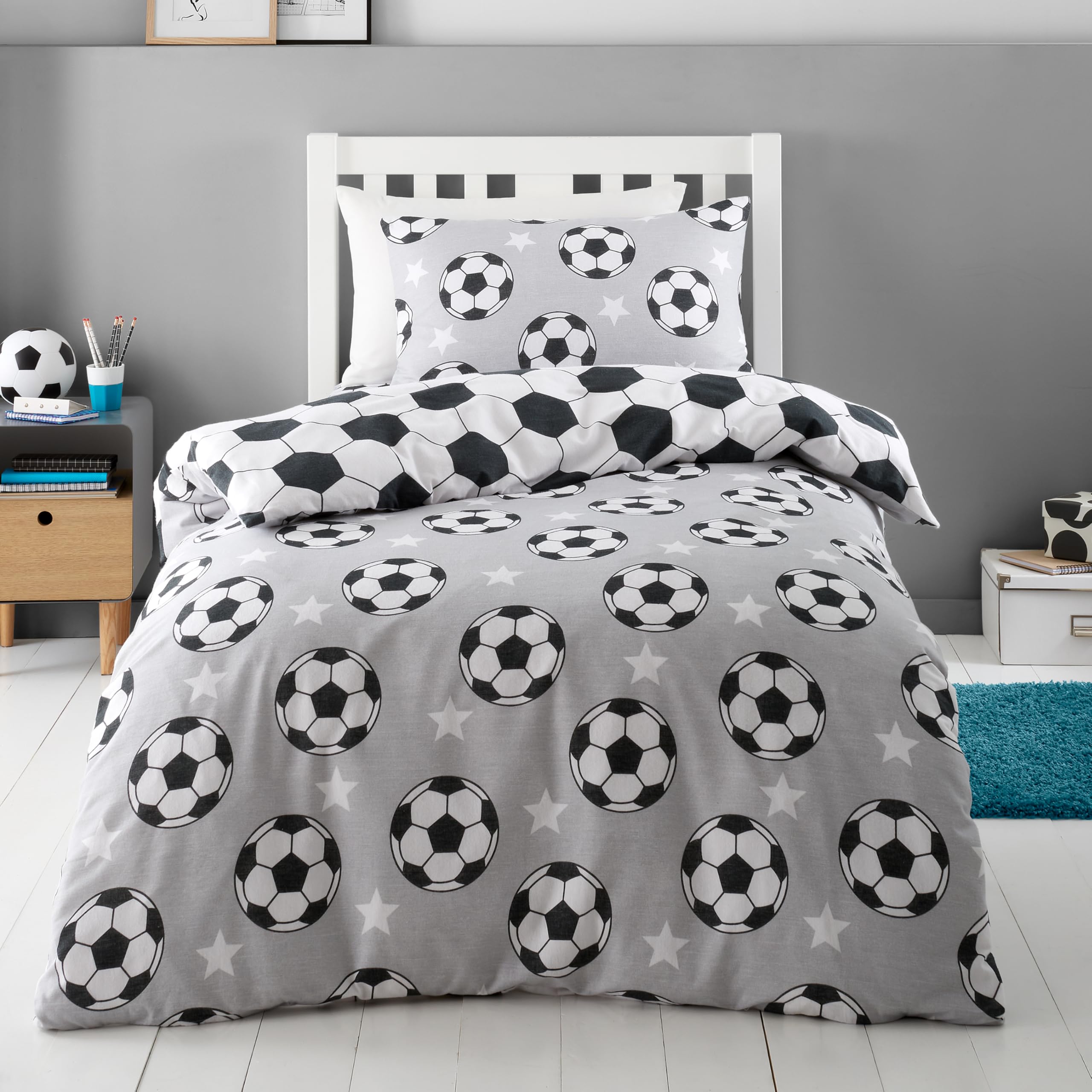 Catherine Lansfield Brushed Cotton Football Stars Reversible Double Duvet Cover Set with Pillowcases Grey