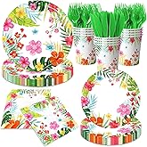 Luau Party Supplies, 144pcs Tropical Party Decorations includes Tropical Plates and Hawaiian Napkins, Hawaiian Plates and Napkins for Hawaiian Summer Luau Party Serviced 24 Guests