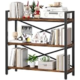 3 Tier Bookshelf 31.49" Width, Wood and Metal Etagere Bookcase, Vintage Farmhouse Modern Wooden Big Book Shelf for Home Living Room Bedroom Office Storage(Rustic Brown)