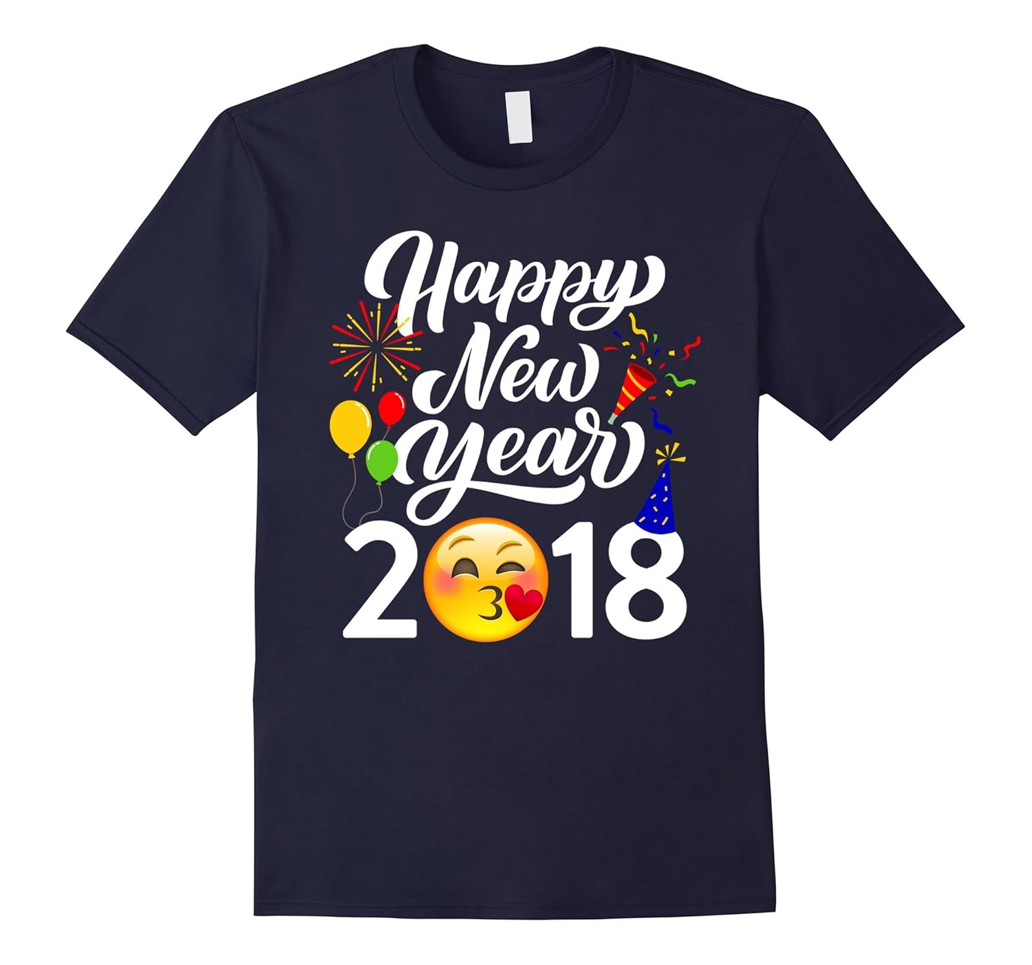 Happy New Year 2018 Face Blowing a Kiss Emoji T-Shirt-ANZ