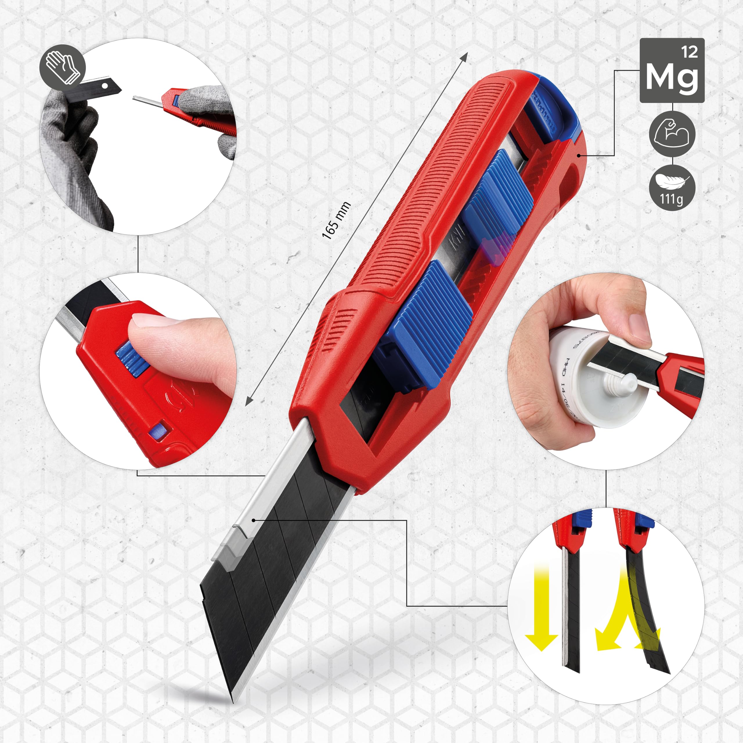 KNIPEX CutiX Universalmesser, mit Stabilisierungsschiene, Klingenverriegelung, 18 mm Abbrechklinge, Cuttermesser, Teppichmesser, 90 10 165 BK 2
