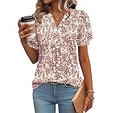IECCP Womens Tops Puff Short Sleeve Shirts Dressy Casual Henley V-Neck Summer Tops Pleated T-Shirts Loose Fit Tunic Blouses