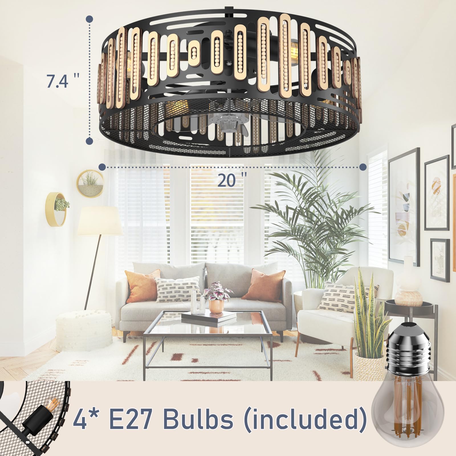 Prichor Modern Caged Ceiling Fan with Light and Remote - Black Outdoor Ceiling Fan with Dimmable and Reversible Fan Blades, 6 Speed Caged Ceiling Fan, 2H Timing (E27 Bulbs Included)