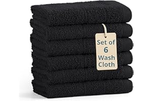 Casa Platino 100% Cotton Washcloths 6 Pack - Spa & Salon Quality Face Cloths - Ring Spun, Soft & Absorbent Wash Cloths for Body, Beauty, Home, Gym - Fingertip Towels Set- 13"x13", Black Towels Set
