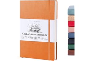 Beechmore Books A4 Sketchbook – 8.5x11 Premium Vegan Leather Bound Large Sketch Book Hardcover with 156 Thick 160gsm Perforated Ivory Pages, Blank Sketch Pad, Gift Boxed, Back Pocket, Ribbon Bookmark