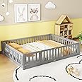 Queen Size Floor Bed with Door and Fence for Kids, Montessori Floor Bed with Slats and Safety Guardrails,Solid Wood Queen Bed Frame for Girls Boys(Queen,Gray)