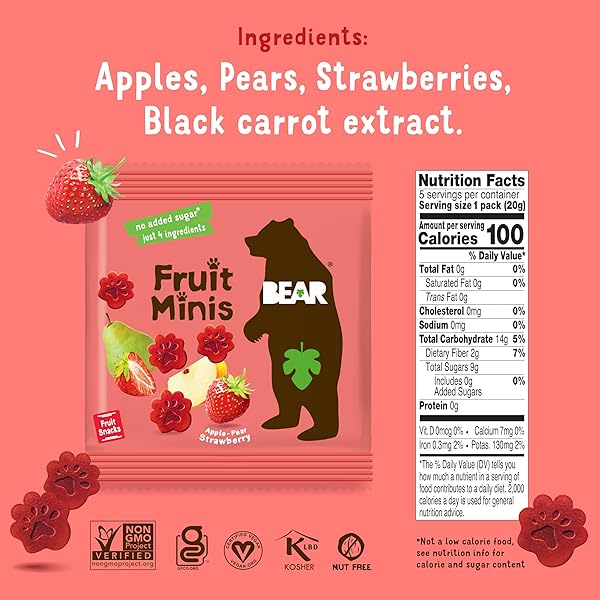 BEAR FRUIT SNACK MINIS – BITE-SIZED SNACKS FOR KIDS – GLUTEN FREE, VEGAN, NON-GMO – STRAWBERRY 0.7OZ (1 COUNT)