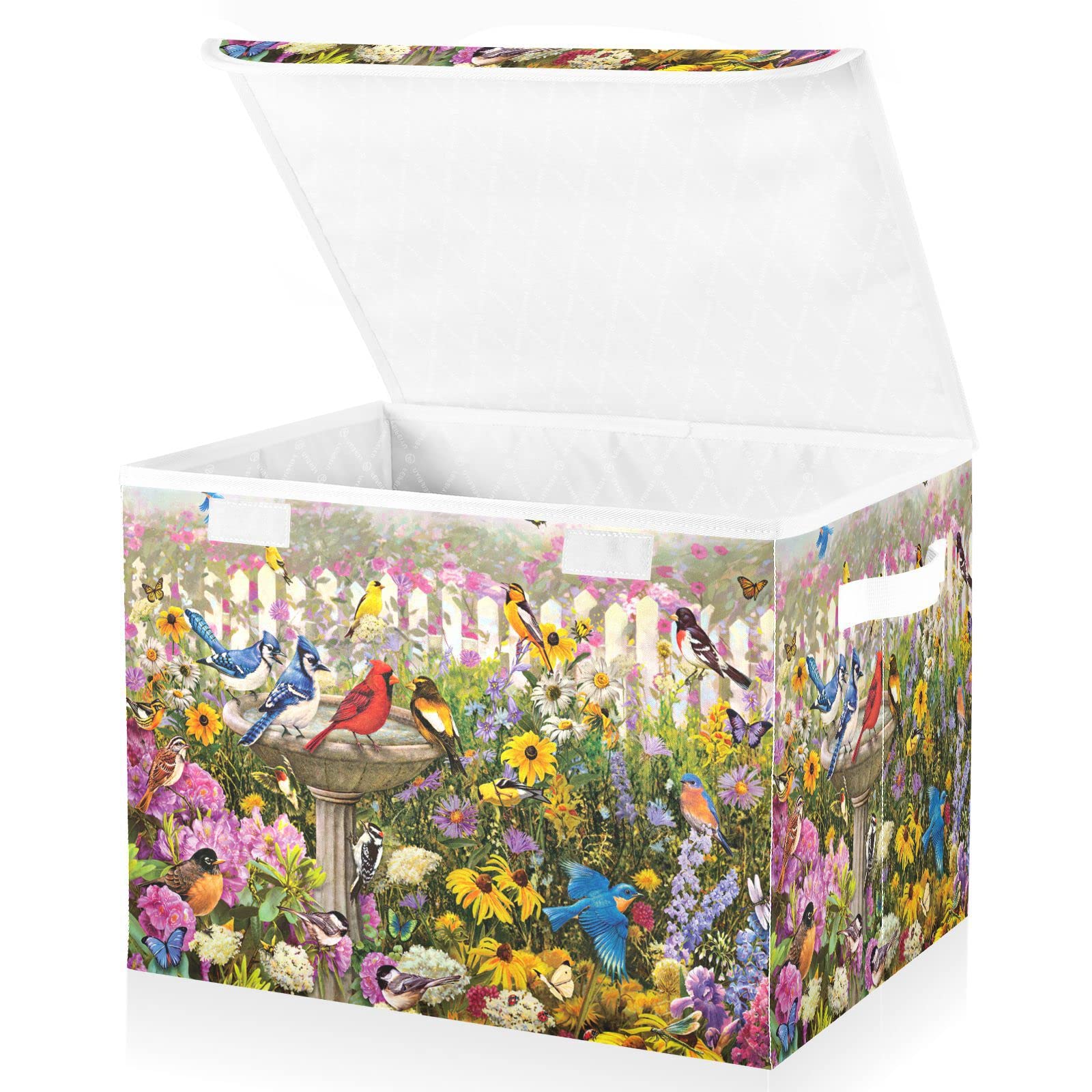 Mnsruu Storage Boxes with Lids, Songbirds at The Birdbath Fountain Wooden Large Storage Basket Organizer Shelves Cube Bin Toy Clothes Underbed