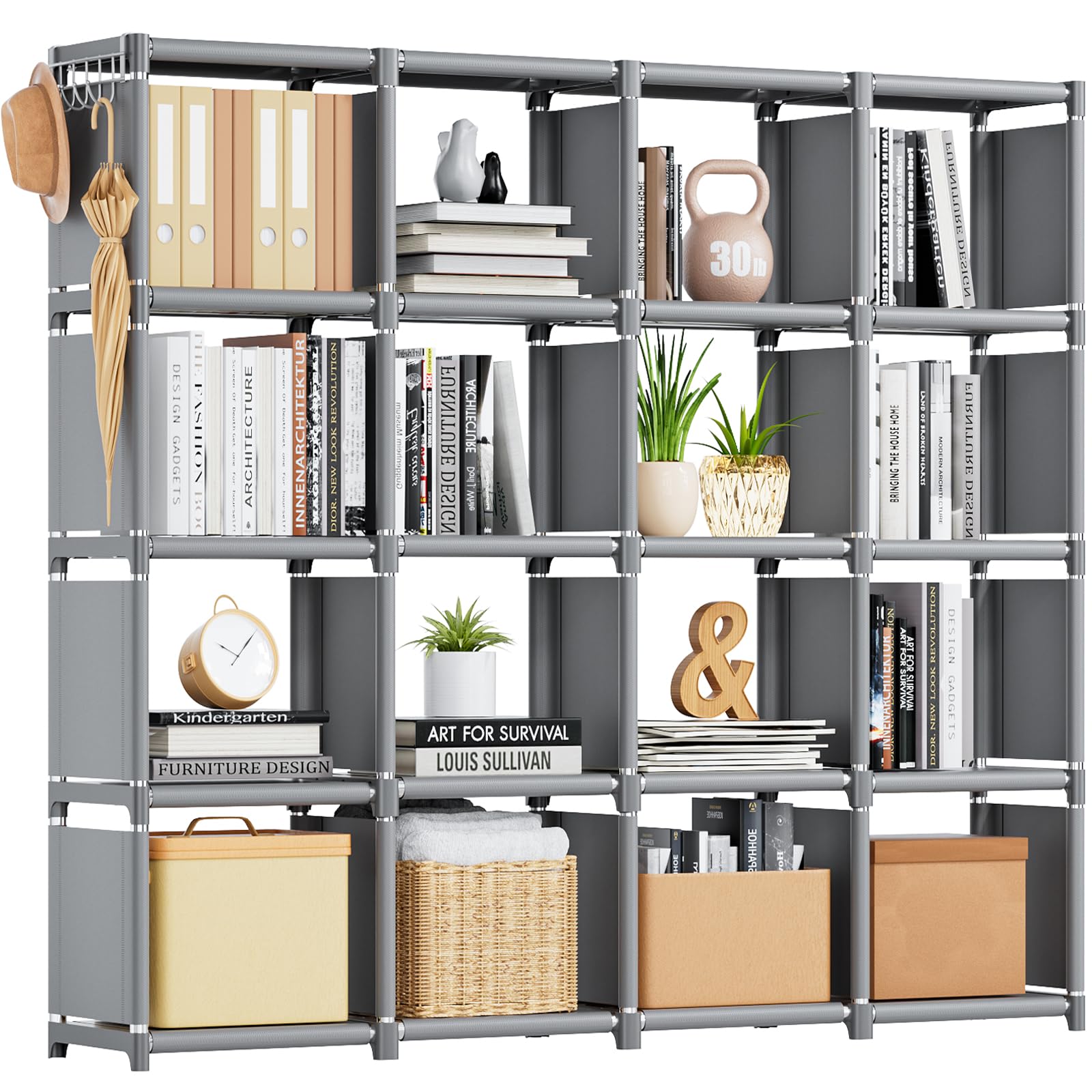 Photo 1 of Mavivegue Book Shelf, 16 Cube Storage Organizer, DIY Bookcase, Metal Cube Bookshelf,Tall Book case for Bedroom, Living Room,Office,Closet Storage Organizer, Grey Cubicle Storage Rack
