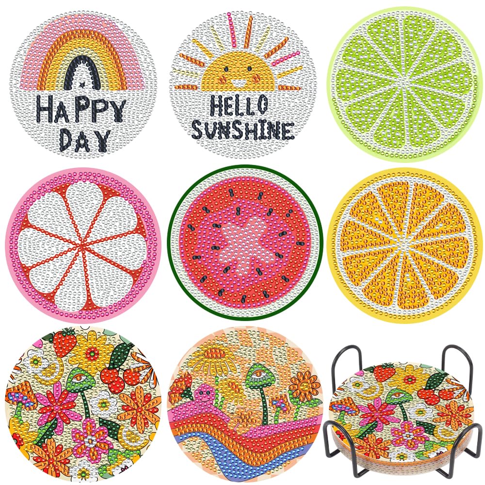 8 Pcs Diamond Painting Coasters with Holder, DIY Fruit Glass Art Coasters Kits Round Full Drill Craft Supplies for Adults Kids,Beginners