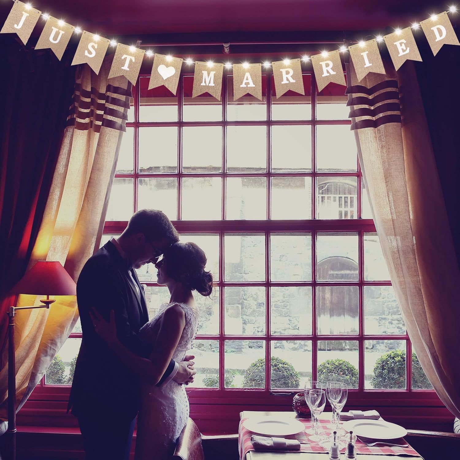 Just Married Burlap Banner, Wedding Bunting Banner with LED Fairy String Light 8 Flicker Mode - Image 5