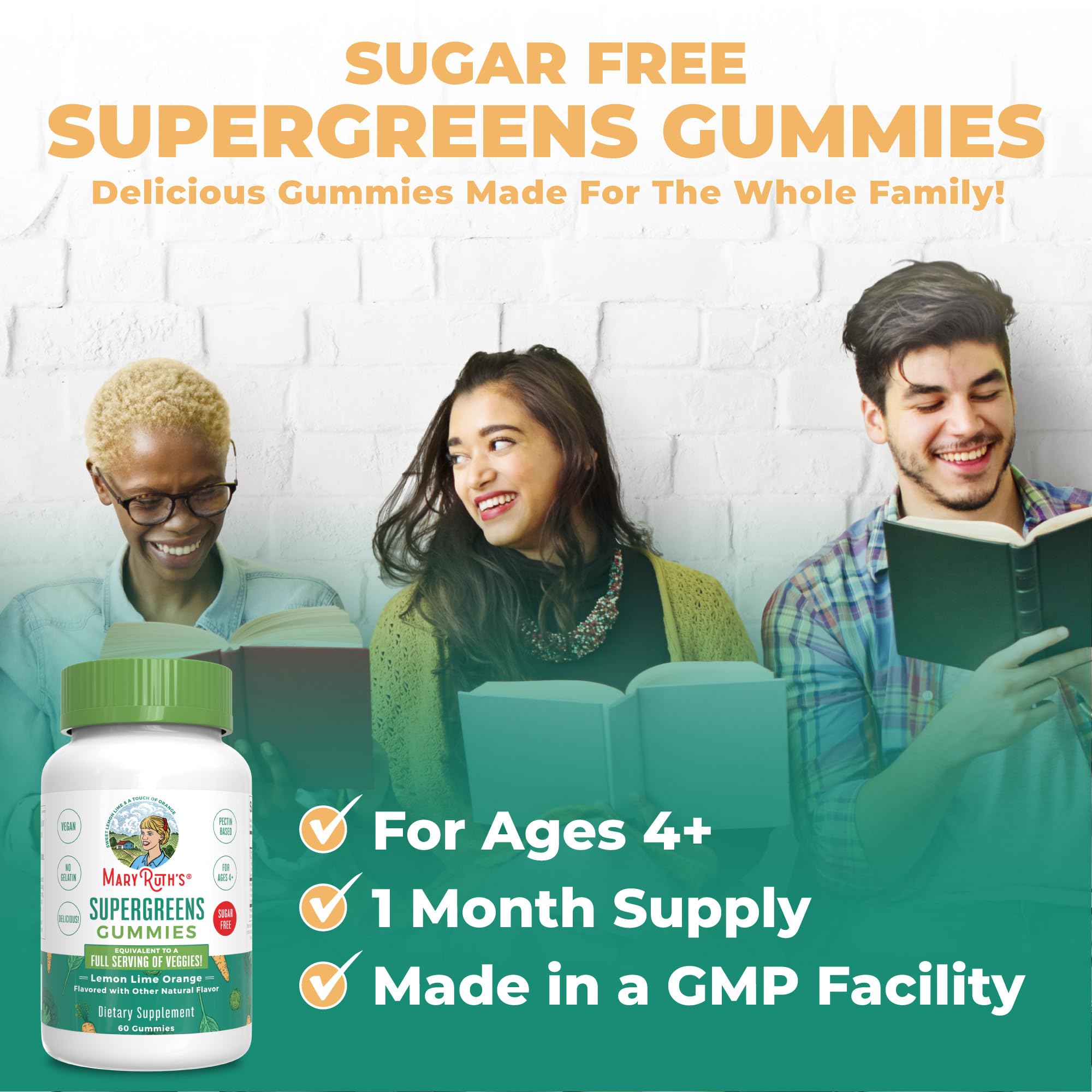 MaryRuth Organics Super Greens Gummies | Naturally-Occurring Quercetin for Adults and Kids Ages 4+ | Sugar Free | 2g Fiber Per Serving | Vegan | No Gelatin | Pectin Based | 60 Count | 30 Servings