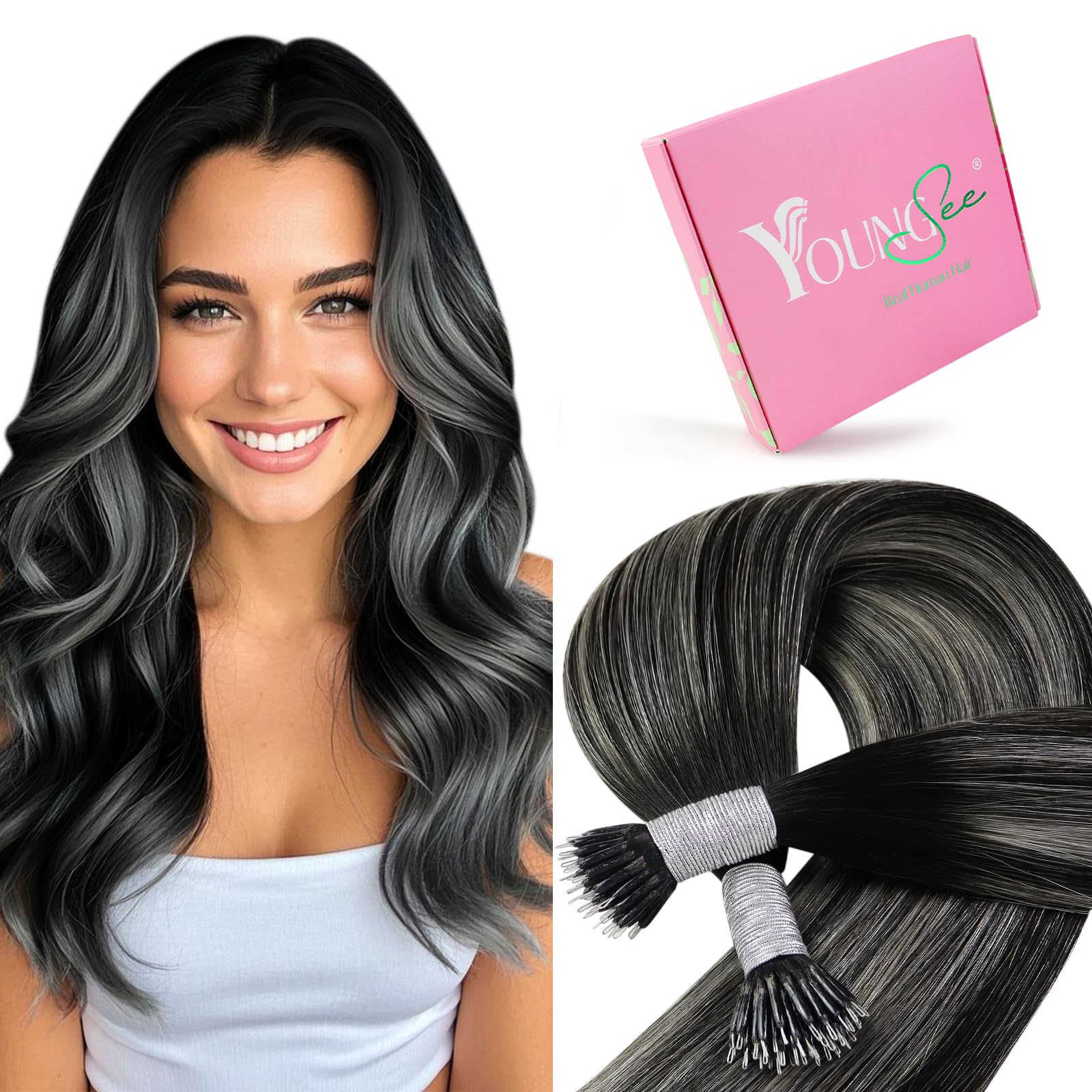 YoungSee Nano Hair Extensions Real Human Hair Ombre 16inch Nano Ring Hair Extensions Ombre Black to Silver Remy Nano Bead Extensions for Party Cold Fusion 50g Tiny Attachment 50s — image 1