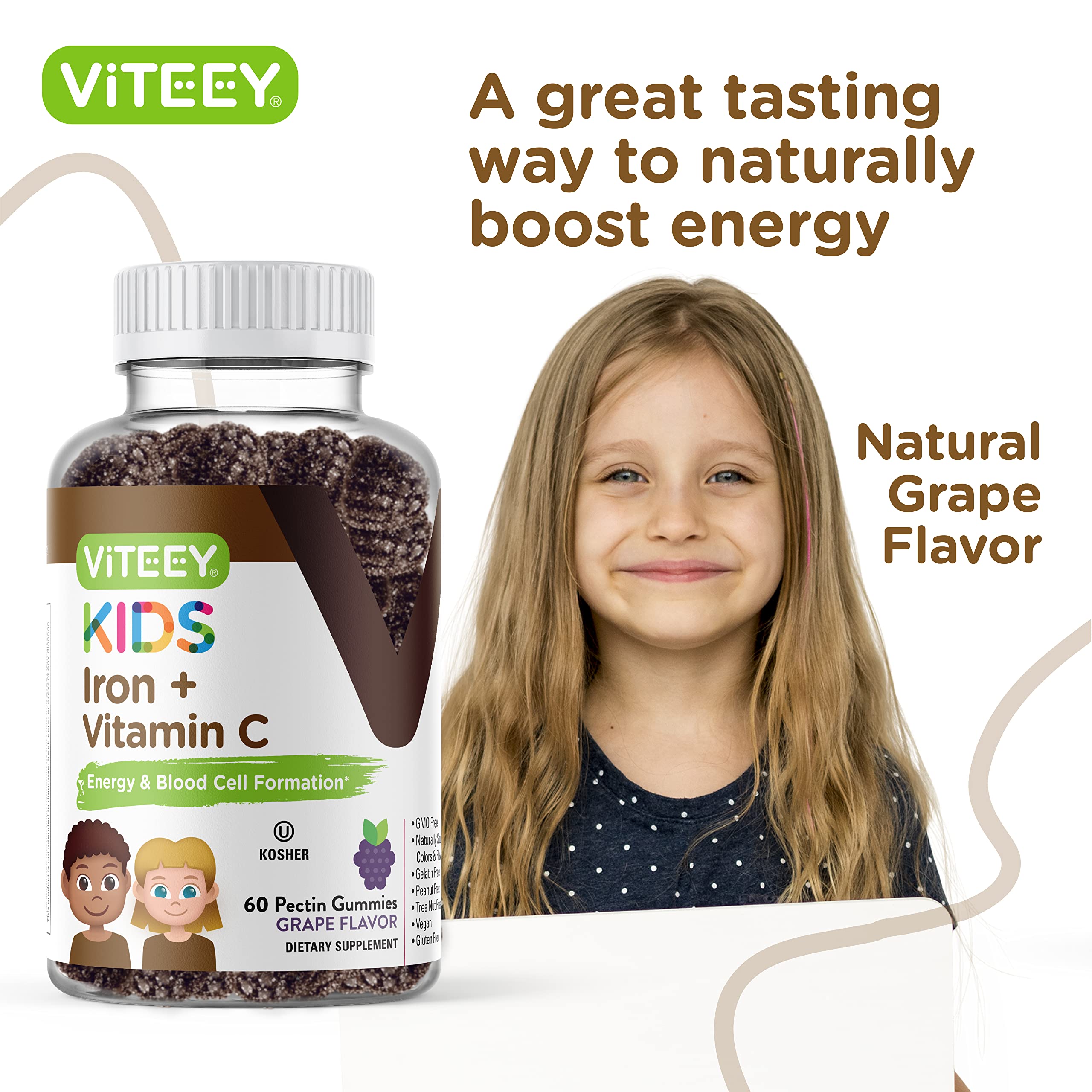 Viteey Iron Gummies for Kids with Vitamin C - Supports Energy, Blood Cell Formulation, Blood Builder Anemia Kids Iron Supplements - Vegan, Gelatin Free, Gluten Free - Tasty Chewable Grape Flavored