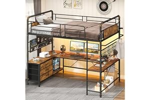 CSZZD Twin Loft Bed with U-Shaped Desk, Metal Loft Bed with LED Lights, Charging Station, Industrial Heavy Duty Bunk Loft Bed Frame with Desk and 3 Storage Drawers, 3 Pegboards, Safety Guard & Ladder