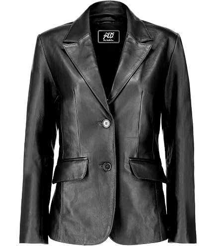 TJVZ 2-Button Lambskin Leather Blazer for Women - Long Sleeves