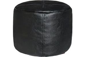 Thgonwid Unstuffed Faux Leather Pouf Cover, Handmade Footstool Ottoman Storage Solution, Floor Footrest Cushion - 16.5" Dx12 H, Pure Black