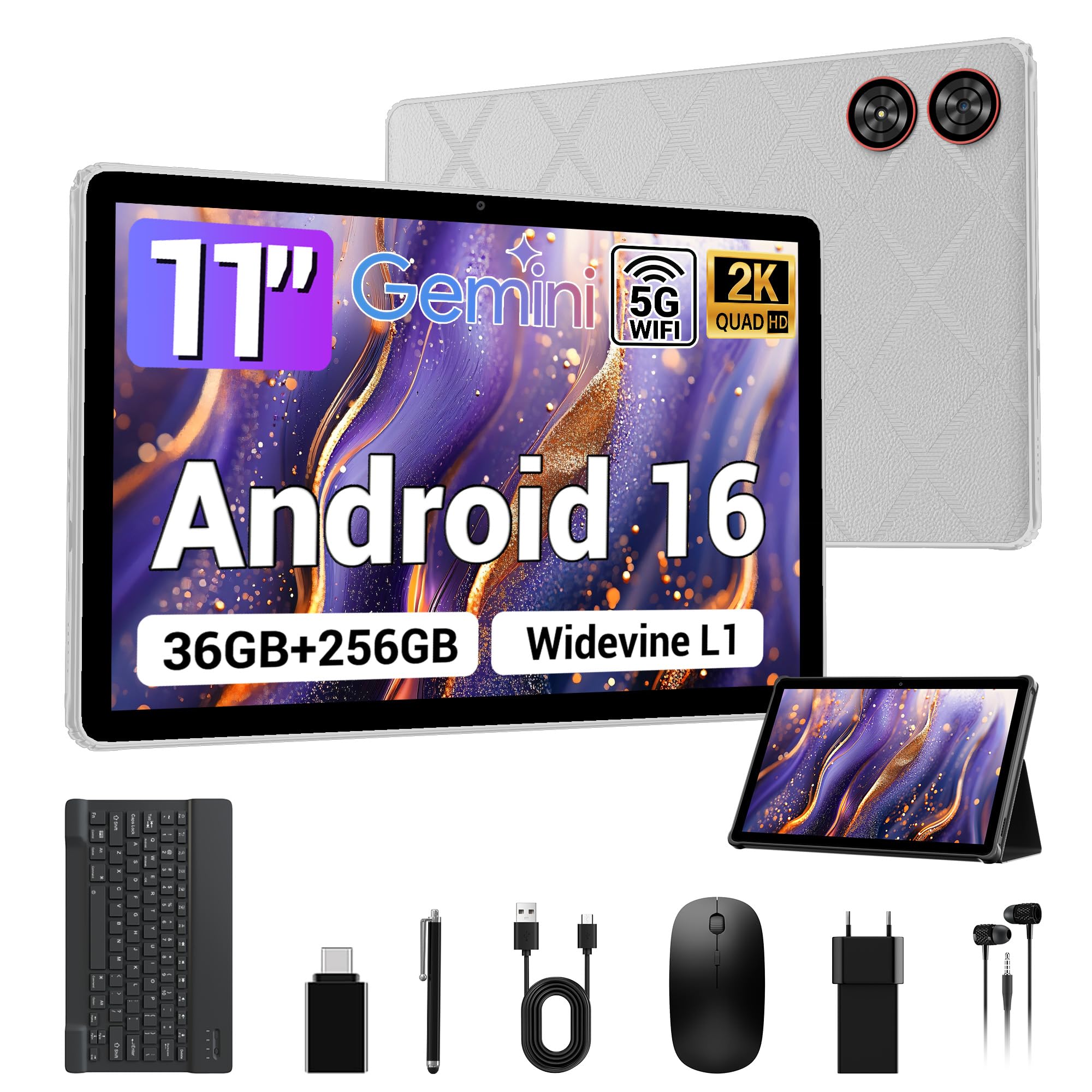 Photo 1 of ROSYVIBE 2026 All-in-One 11 Inch Android 16 Tablet Bundle, 36GB RAM 256GB (1TB TF), 2K IPS Widevine L1, Keyboard Mouse Stylus Case, 8-Core T606,8000mAh, 5G/2.4G WiFi, 8+13MP,FCC/CE,for Adults - Gray