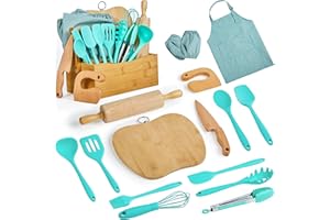 Pulcher Kids Cooking & Baking Sets Real Little Chef Cooking Utensils Kitchen Set Gifts for Girls Boys Juniors with Utensils Cutting Board Kids Safe Knife Rolling Pin Apron Carrying Basket (Mint Green)