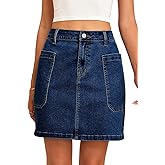 Sidefeel Women's Jean Skirt High Waisted Stretchy Casual Denim Above Knee Skirts with Patch Pockets