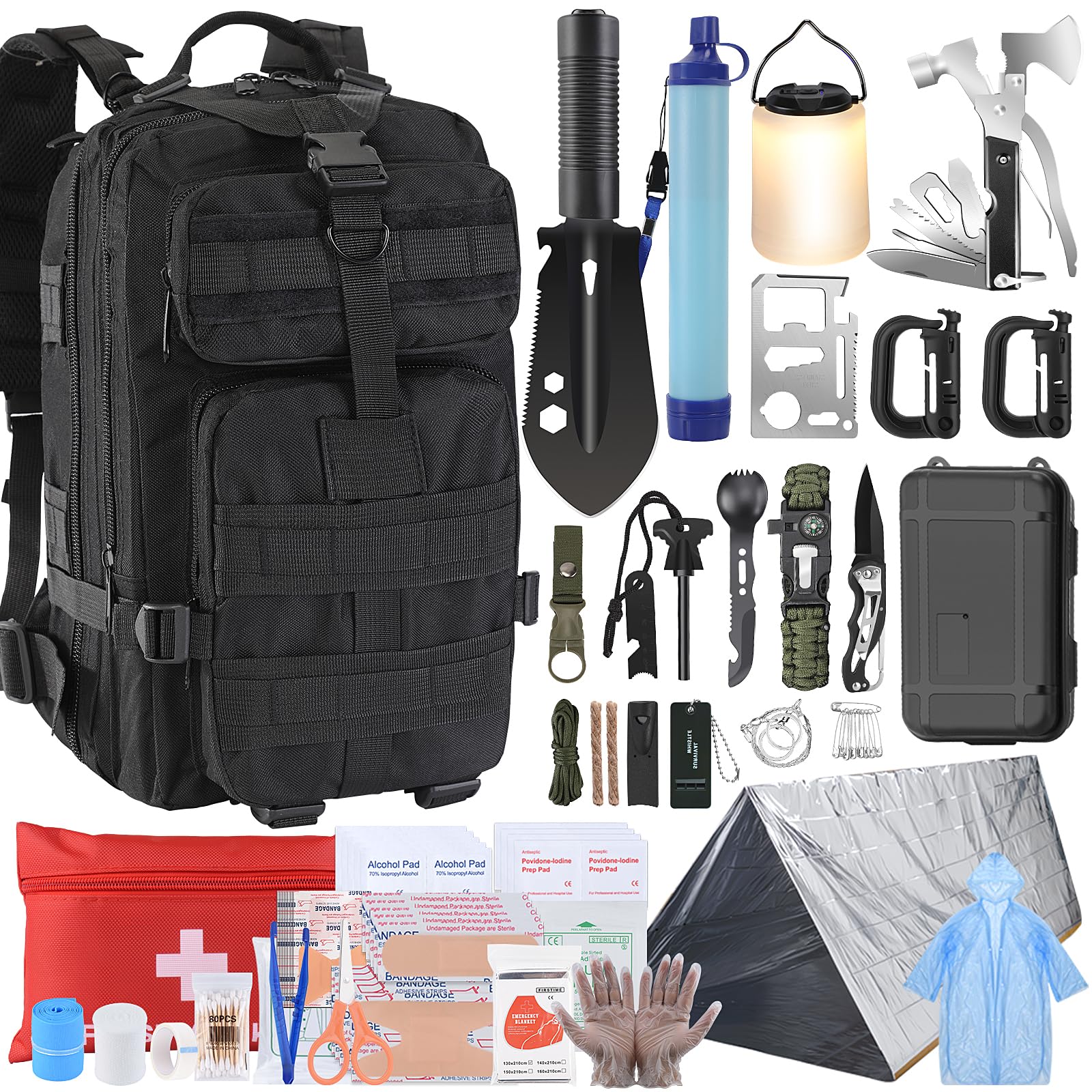 Photo 1 of Gifts for Men Christmas Survival Kit, Survival Gear and Equipment 258 PCS with Water Filter, Emergency Tent, LED Lantern, First Aid Kit Supplies, 25L Backpack for Family, Outdoor Camping, Hiking
