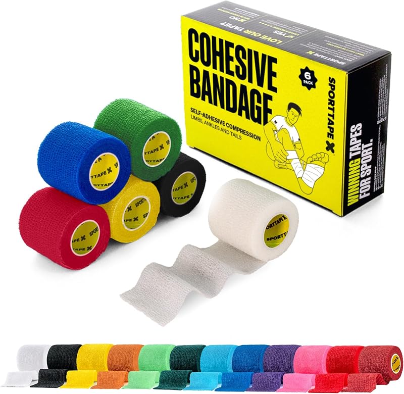 SPORTTAPE 6 Rolls Cohesive Bandage 5cm x 4.5m Mixed Colours Vet Wrap