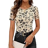 MEROKEETY Women's 2026 Summer Short Sleeve Floral Tops Spring Vacation Dressy Casual Crewneck Slim Fit Mesh T Shirt Blouses