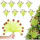 8 PCS 17 Inch Christmas Tree Topper, Lime Green Ornaments, Christmas Tree Decorations, Tree Topper Picks with 6 Red Glitter Foam Balls for Party Home Decor Vase Filler Garland Decor
