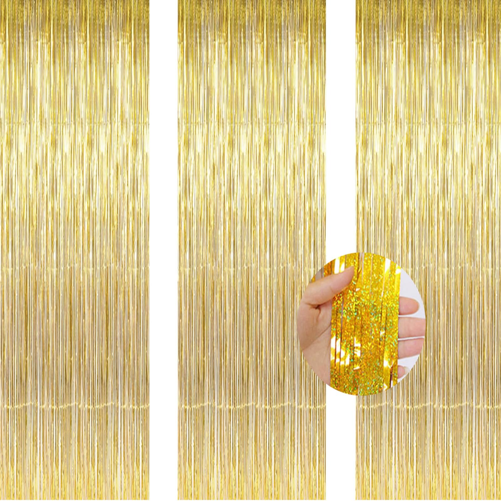 AILEXI 3 Pack 3.2ft*8.2ft Metallic Tinsel Curtains Foil Fringe Shimmer Streamers Curtain Door Window Decoration for Party Supplies - Laser Gold