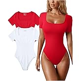 OQQ Women's 2 Piece Bodysuits Sexy Ribbed One Piece Square Neck Short Sleeve Bodysuits