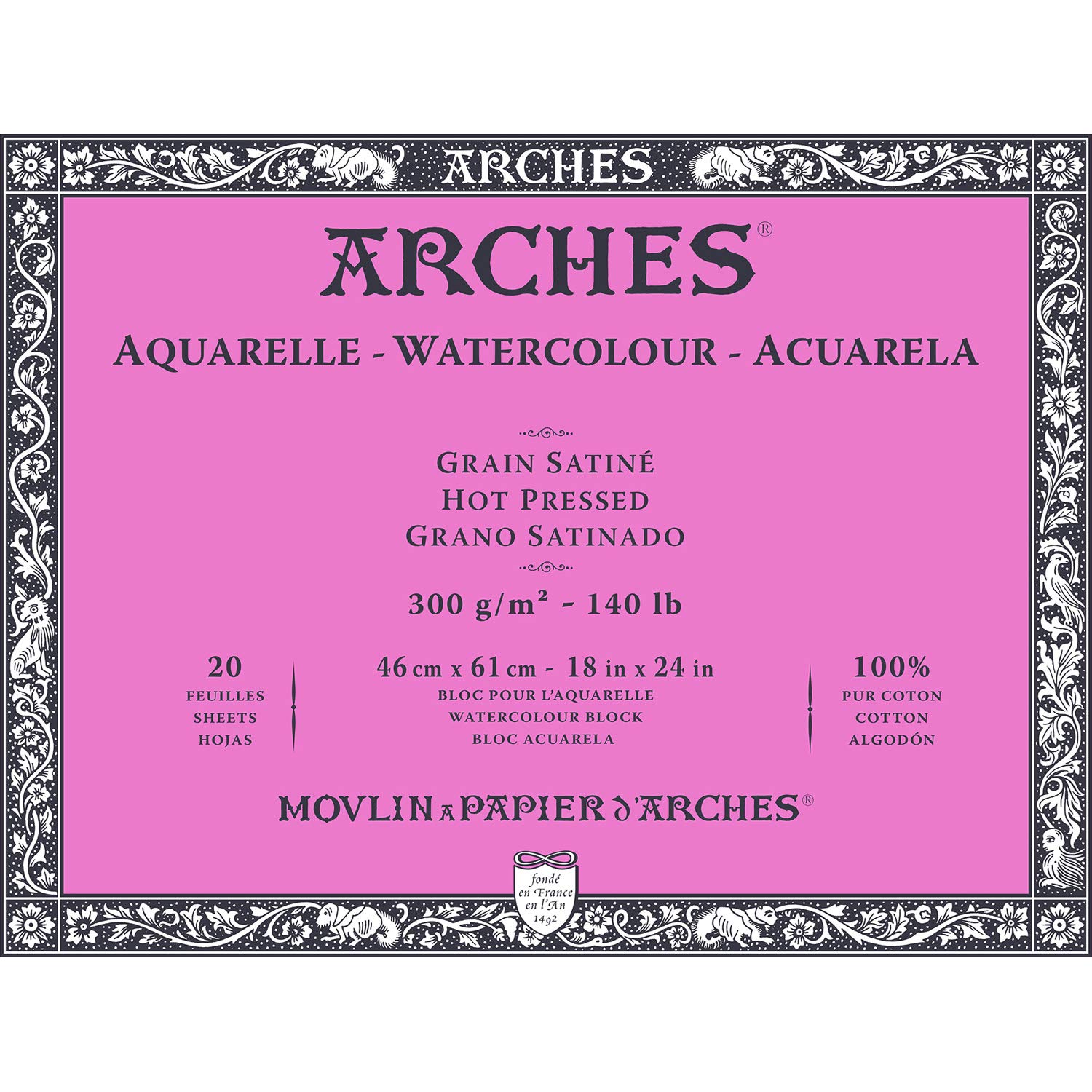 Arches Watercolour Pad, 20 Sheets, 46 x 61 cm, 300 g/m², Satin Grain, Natural White