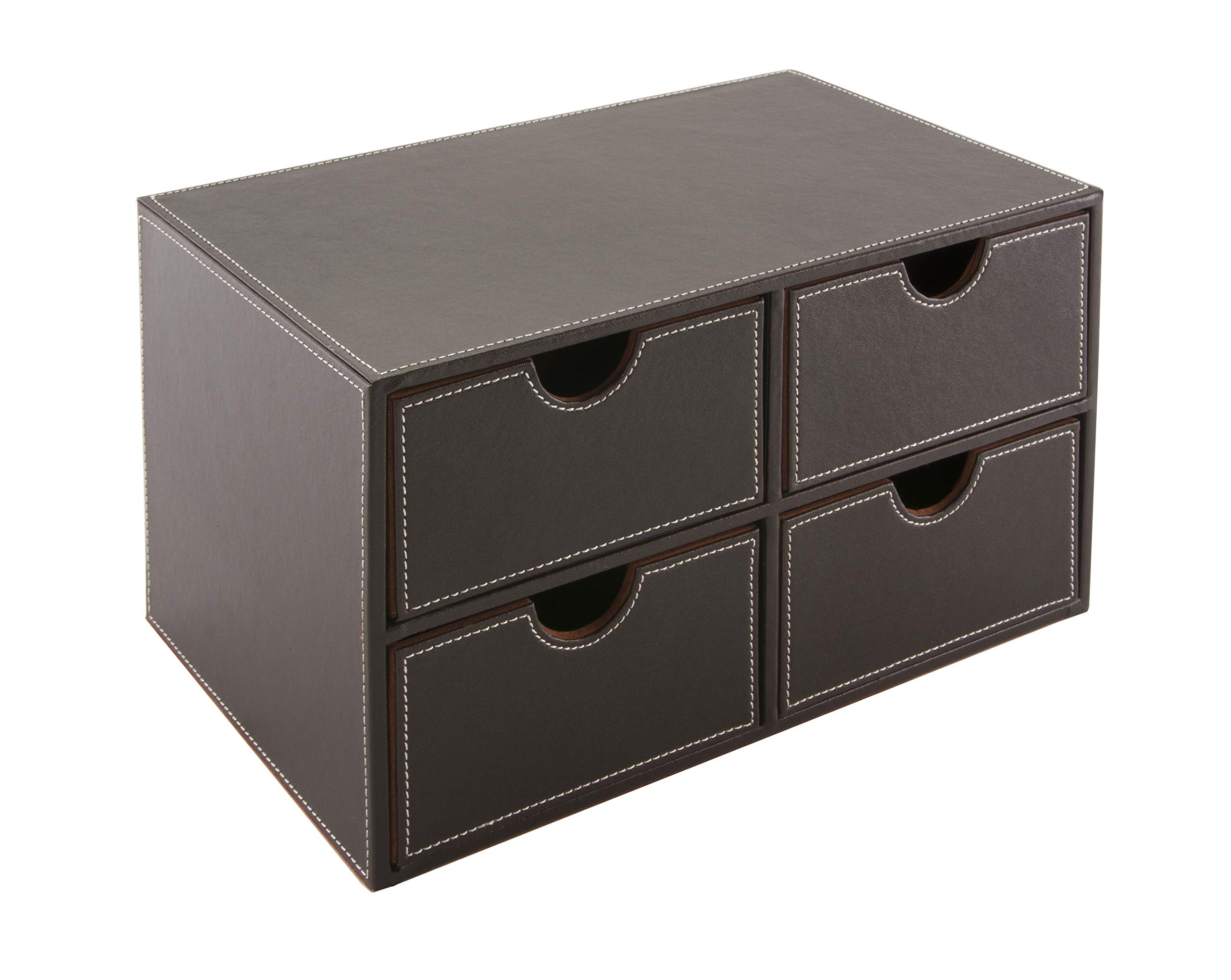 OSCO Faux Leather 4 Drawer Storage Chest, Stylish Desk Organiser for Stationery, Makeup, Jewellery & Accessories – Stackable Compact Drawer Box with Felt Lining for Home or Office – Brown